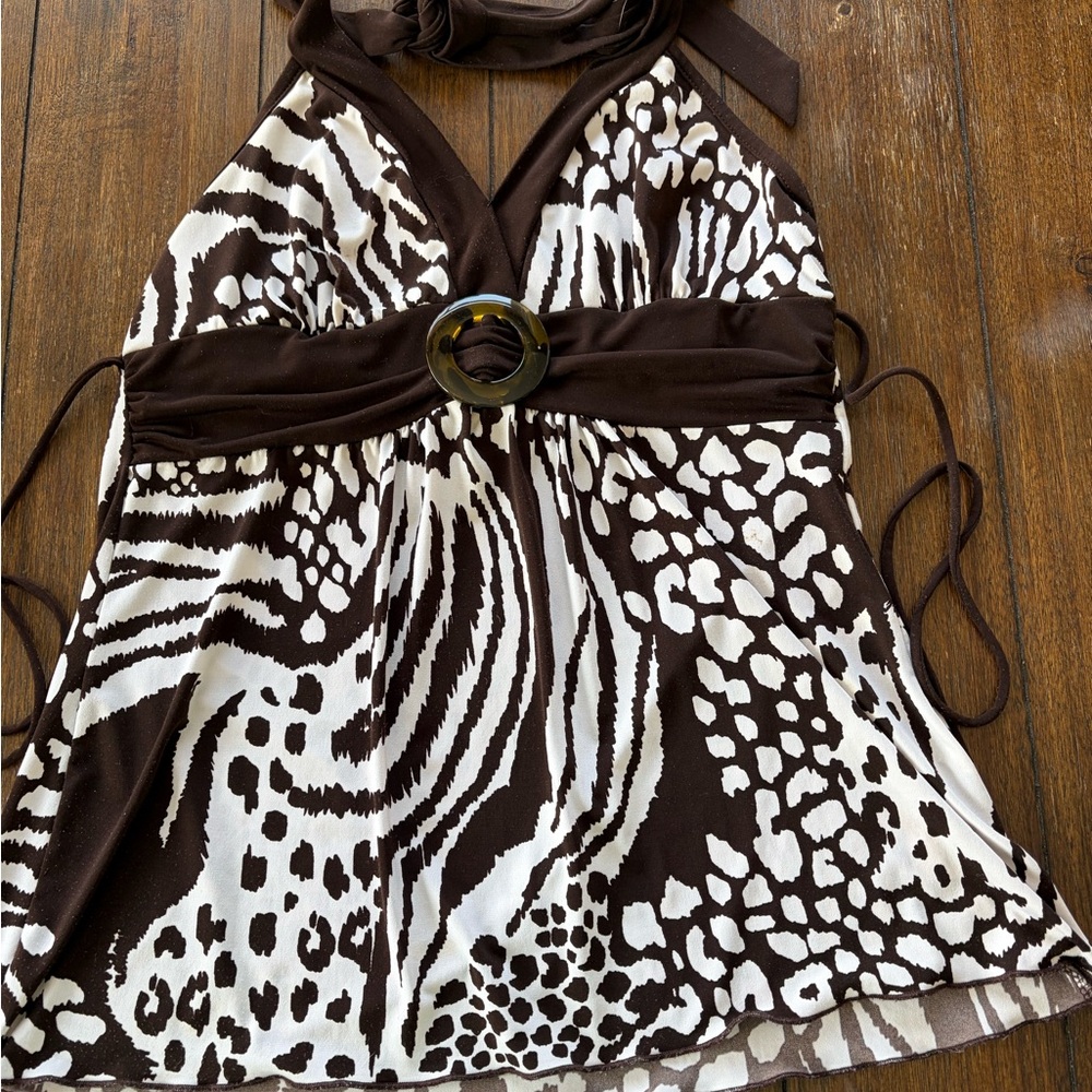 Iz Byer Brown and White Animal Print Halter Top